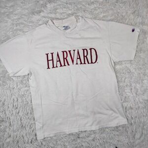 Vintage 90s Harvard T Shirt Graphic Spellout Champion USA White Red Lettering L